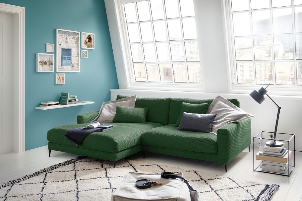 B-Ware KAWOLA Ecksofa CARA Sofa Recamiere links Cord smaragd