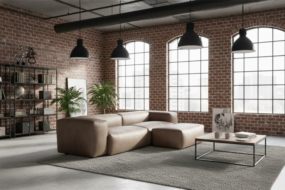 KAWOLA Sofa CELESTE 4-Sitzer mit Hocker Lederfaserstoff anthrazit