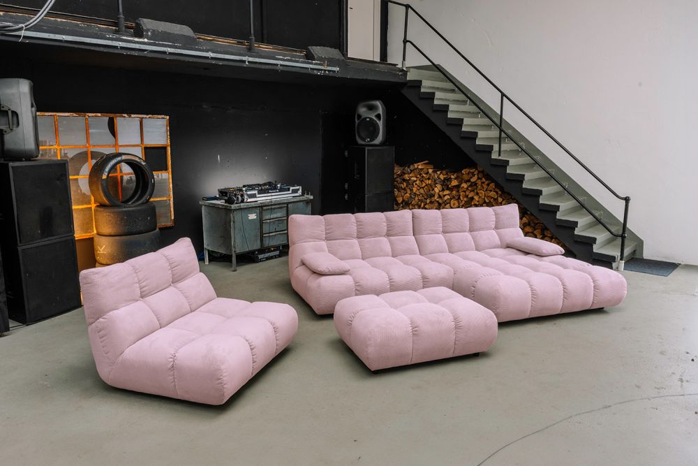 KAWOLA Sitzgruppe VIVIEN Ecksofa Drehsessel Hockerbank Feincord rosa