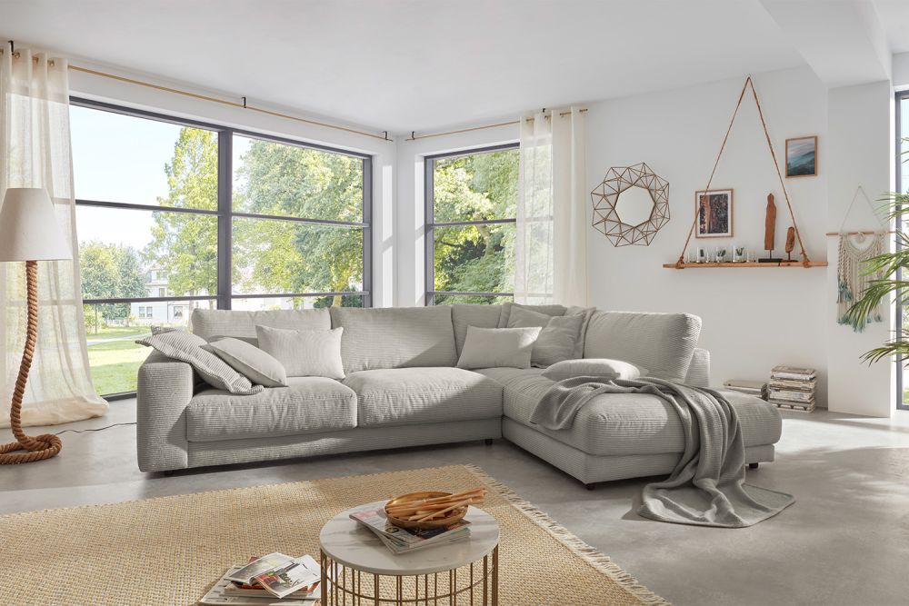 B-Ware KAWOLA Sofa MADELINE Ecksofa Cord steingrau Recamiere rechts