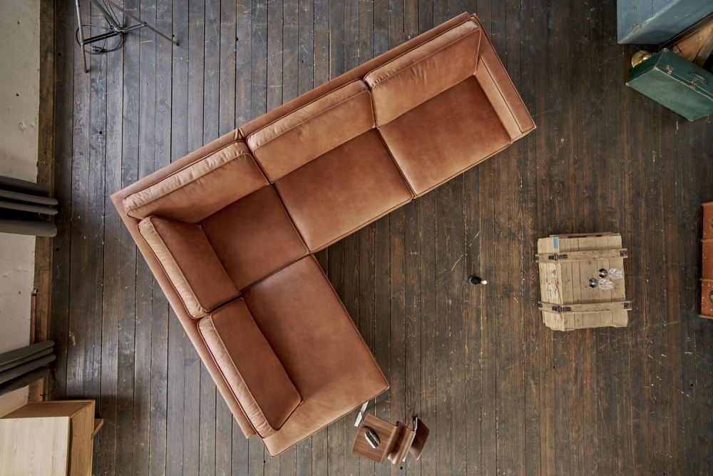 KAWOLA Ecksofa VILNIUS 3-Sitzer mit Recamiere Lederfaserstoff cognac