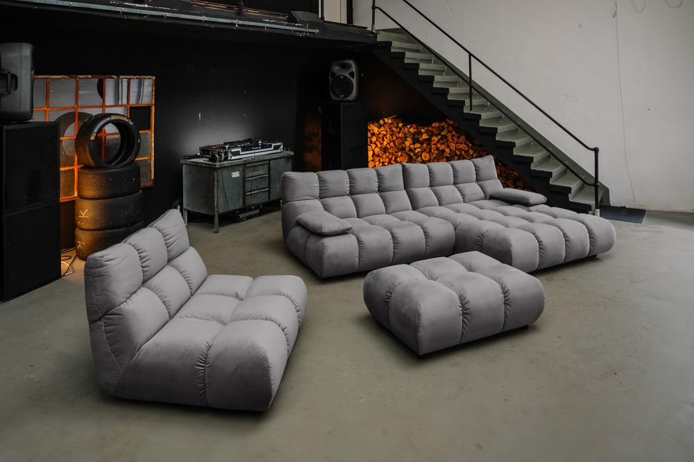 KAWOLA Sitzgruppe VIVIEN Ecksofa Drehsessel Hockerbank Velvet stone
