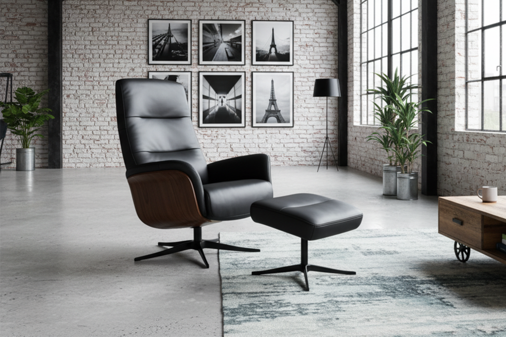 KAWOLA Relaxsessel SILVA Drehsessel Leder schwarz mit Hocker