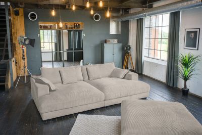 KAWOLA Big Sofa MADELINE Cord taupe mit Hocker und 4 Zierkissen ohne Holztablett