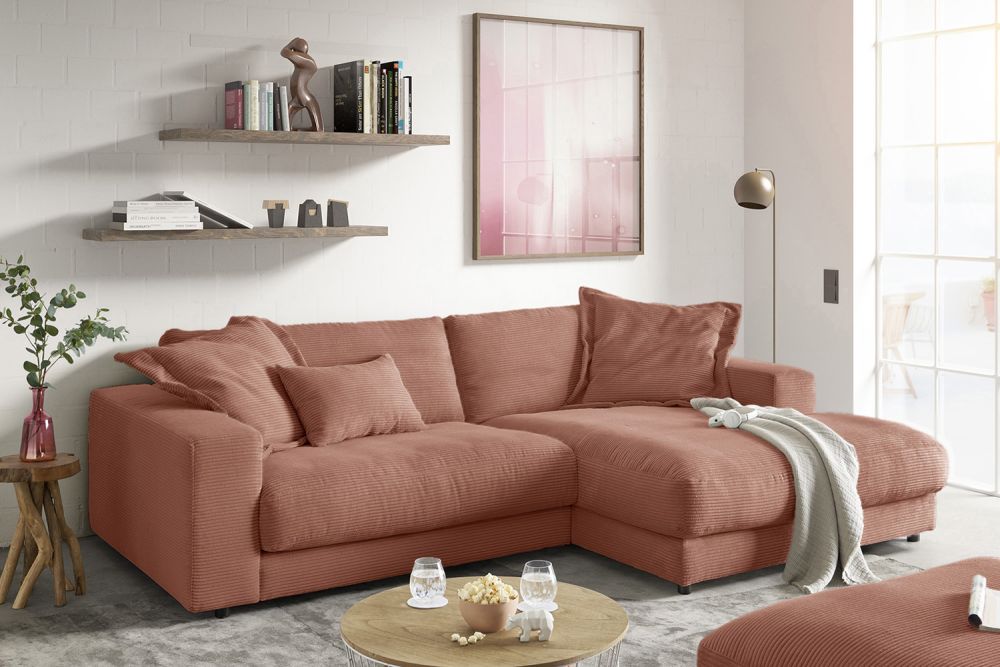 KAWOLA Sofa MADELINE Ecksofa mit Longchair Cord rost
