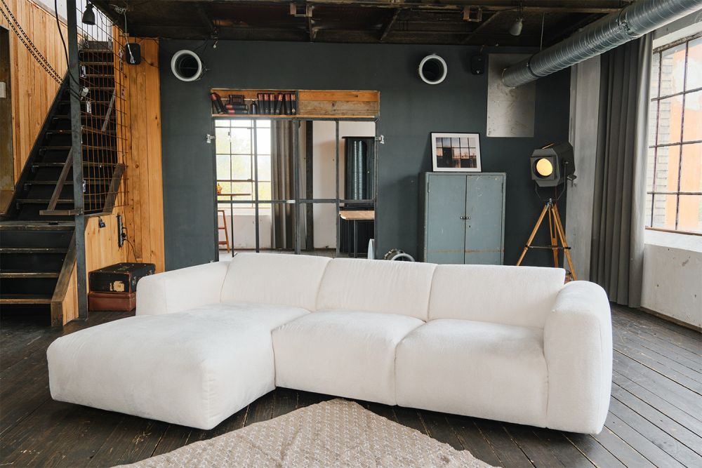 B-Ware KAWOLA Sofa VALAR Ecksofa Stoff weiß Recamiere links