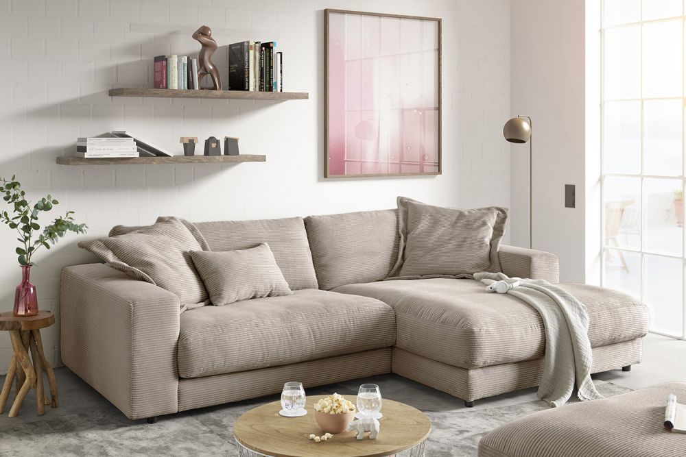 KAWOLA Sofa MADELINE Ecksofa mit Longchair Cord taupe