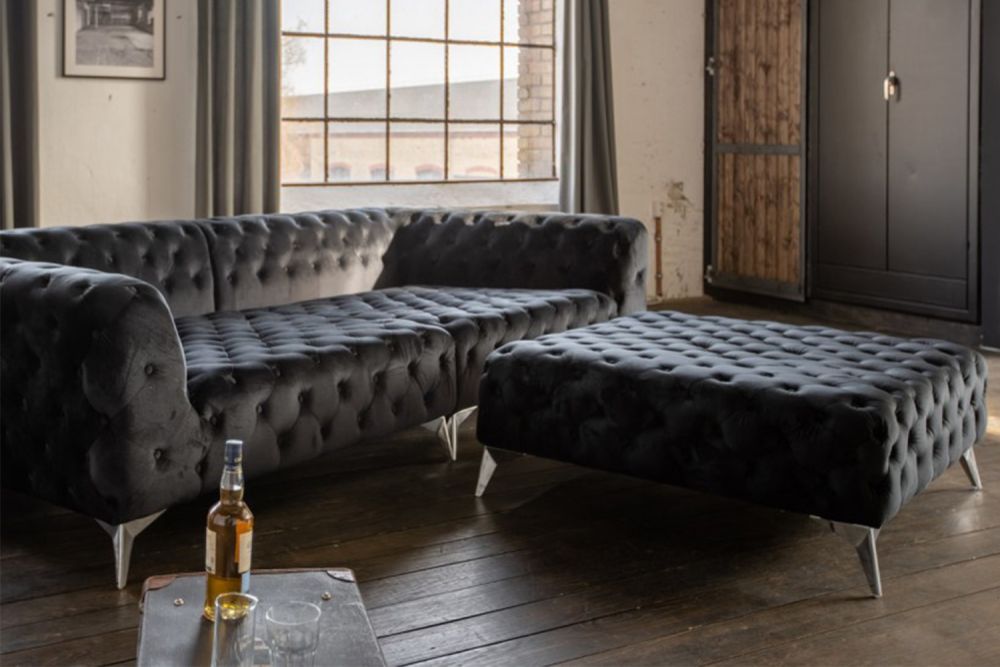 B-Ware KAWOLA Hocker NARLA Chesterfield Velvet schwarz