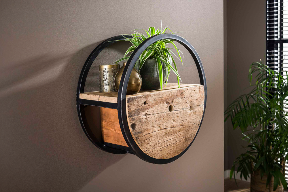 KAWOLA Wandregal RADEL Ø50 rund Hartholz natur mit Schublade