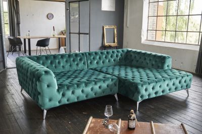 KAWOLA Sofa NARLA Ecksofa Chesterfield Velvet grün rechts