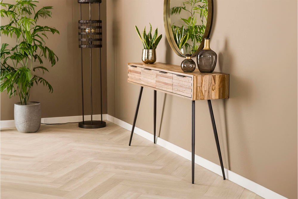 KAWOLA Schminktisch TICAR Konsolentisch Teakholz massiv natur 4 Schubladen