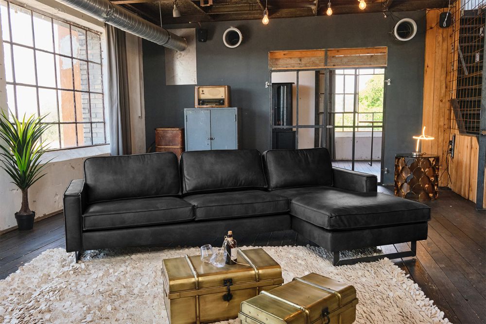 KAWOLA Ecksofa VILNIUS 3-Sitzer mit Longchair rechts Lederfaserstoff schwarz