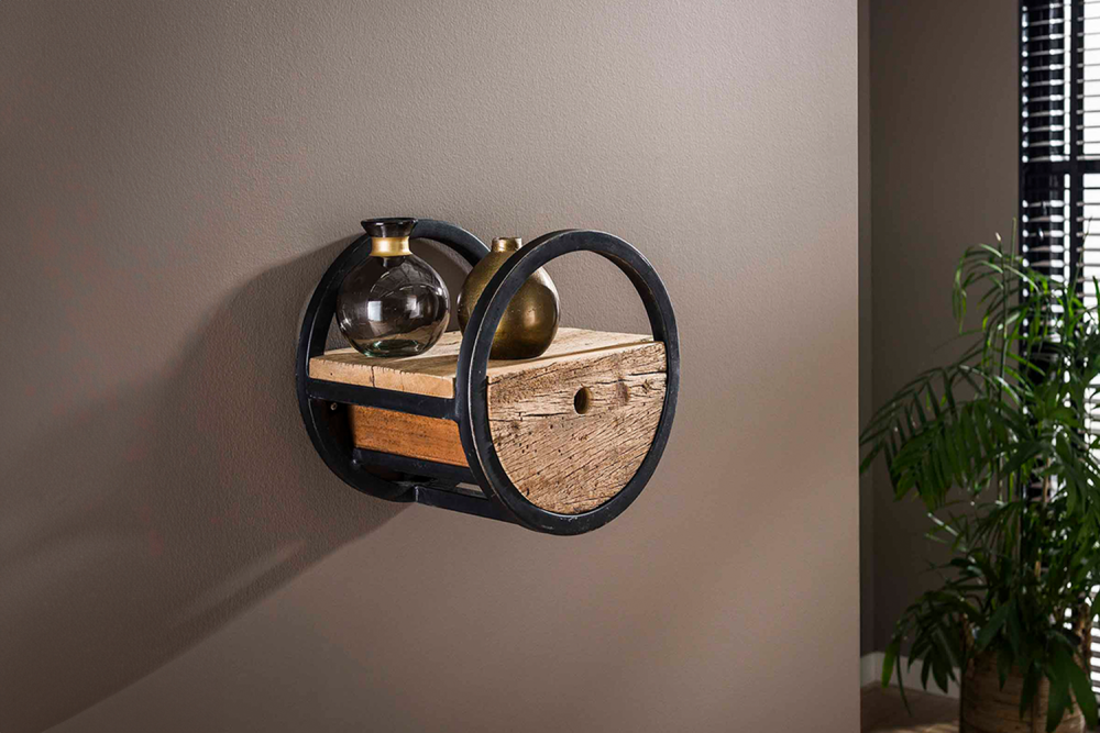 KAWOLA Wandregal RADEL Ø30 rund Hartholz natur mit Schublade