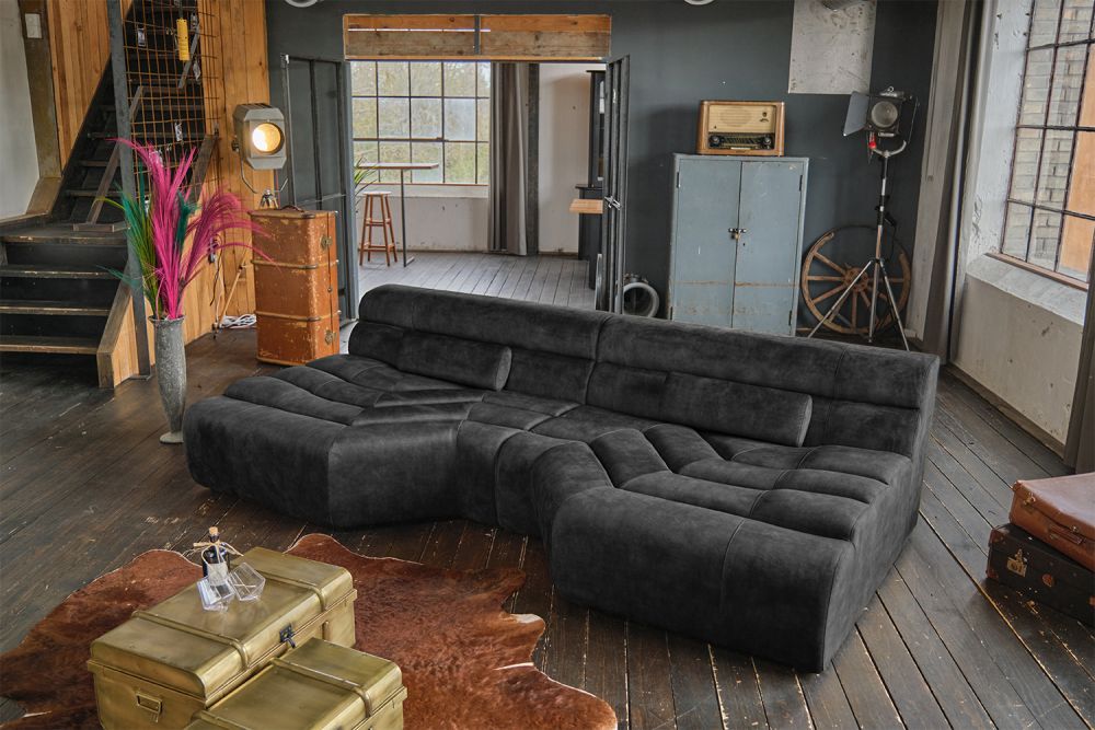 B-Ware KAWOLA Big Sofa TARA Wohnlandschaft Velvet Vintage anthrazit mit Kissen