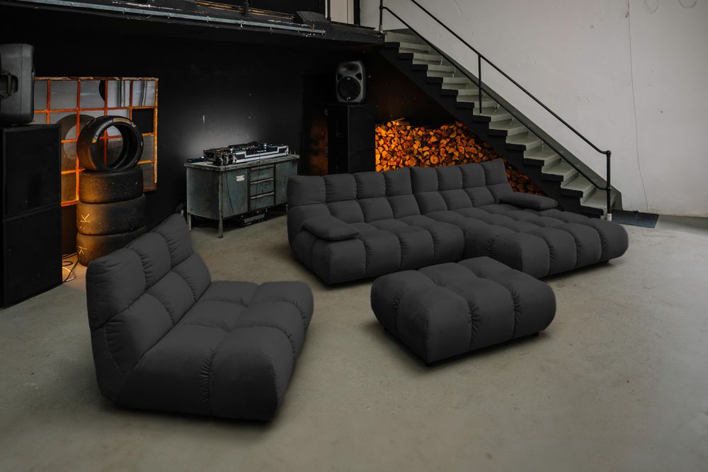 KAWOLA Sitzgruppe VIVIEN Ecksofa Drehsessel Hockerbank Velvet schwarz